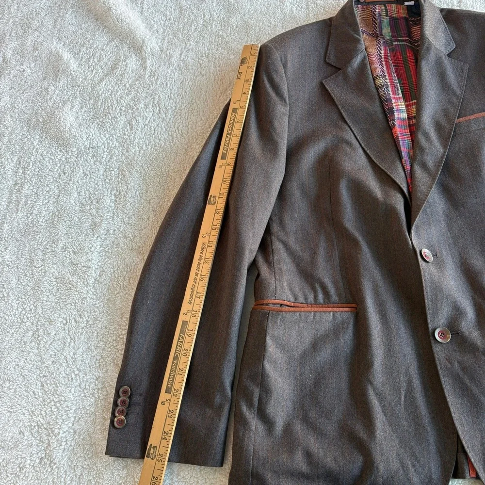 Robert Graham Mens Brown Pinstripe 100% Wool Blazer Jacket Plaid Lining Size 42‎